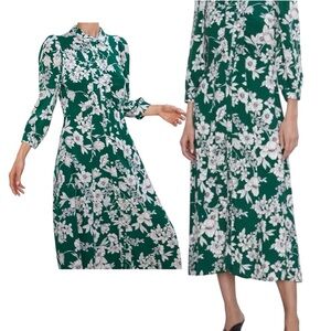 Zara Green Flowered 3/4 Length Long Sleeve Button Down Dress Women’s Size Small